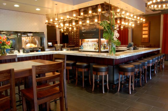 Central bar area with laser cut steel logos