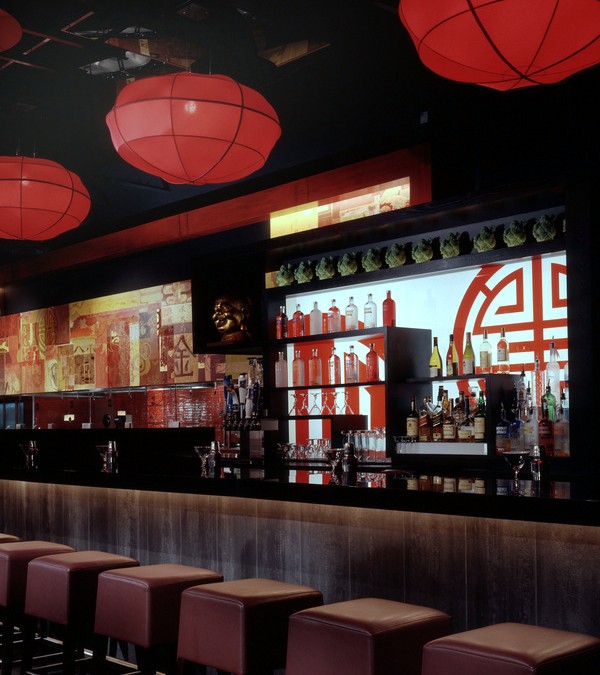 Asian accents at bar ceiling