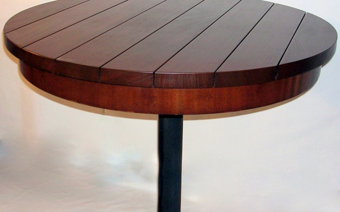 Custom slatted table shown in mahogany